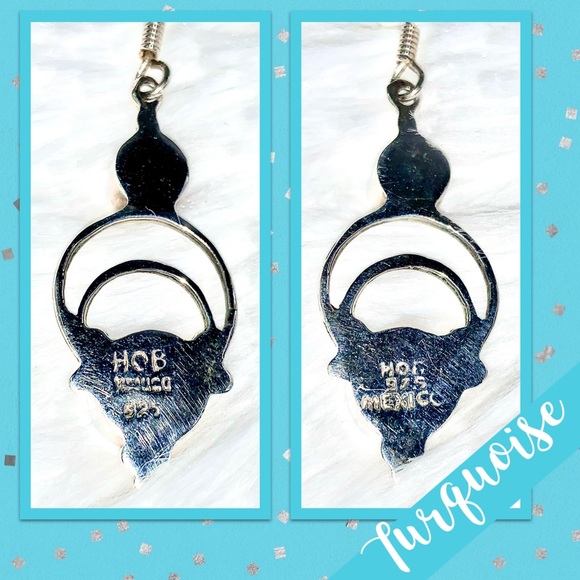 Turquoise Sterling Silver Dangle Earrings, HOB Mexico 925 (Turquoise Blue) - Picture 6 of 7